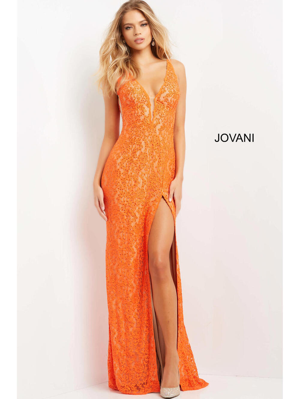 NWT Jovani 08674 Orange Nude Lace Plunging Neck Dress Size 0 Formal Prom Gown